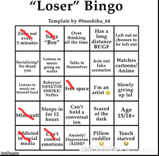loser bingo | image tagged in loser bingo | made w/ Imgflip meme maker