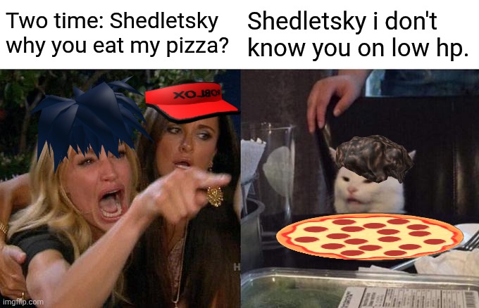 :) | Two time: Shedletsky why you eat my pizza? Shedletsky i don't know you on low hp. | image tagged in memes,woman yelling at cat | made w/ Imgflip meme maker