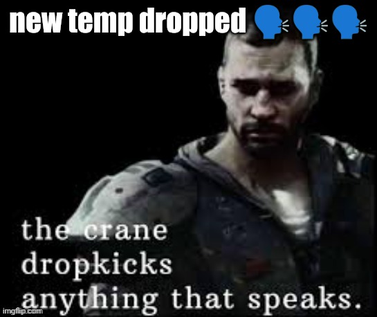 the crane dropkicks anything that speaks | new temp dropped 🗣🗣🗣 | image tagged in the crane dropkicks anything that speaks | made w/ Imgflip meme maker