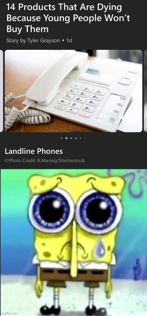 NOT LANDLINE PHONES | image tagged in sad spongebob | made w/ Imgflip meme maker