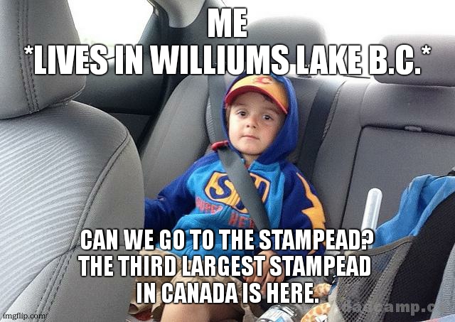 Backseat Kid | ME
*LIVES IN WILLIUMS LAKE B.C.*; CAN WE GO TO THE STAMPEAD?
THE THIRD LARGEST STAMPEAD 
IN CANADA IS HERE. | image tagged in backseat kid,rodeo | made w/ Imgflip meme maker