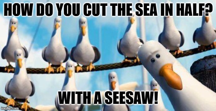 Daily Bad Dad Joke July 14, 2025 | HOW DO YOU CUT THE SEA IN HALF? WITH A SEESAW! | image tagged in nemo birds | made w/ Imgflip meme maker