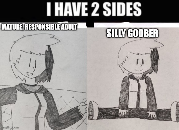 i have 2 sides | MATURE, RESPONSIBLE ADULT; SILLY GOOBER | image tagged in i have 2 sides | made w/ Imgflip meme maker