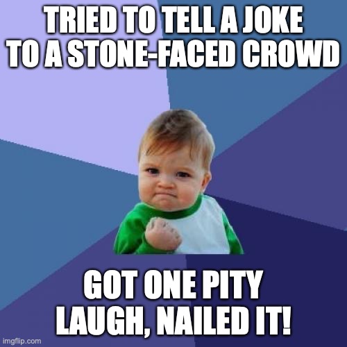Success Kid | TRIED TO TELL A JOKE TO A STONE-FACED CROWD; GOT ONE PITY LAUGH, NAILED IT! | image tagged in memes,success kid | made w/ Imgflip meme maker