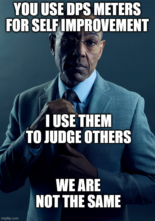 we are not the same dps meters | YOU USE DPS METERS FOR SELF IMPROVEMENT; I USE THEM TO JUDGE OTHERS; WE ARE NOT THE SAME | image tagged in gus fring we are not the same,we are not the same | made w/ Imgflip meme maker