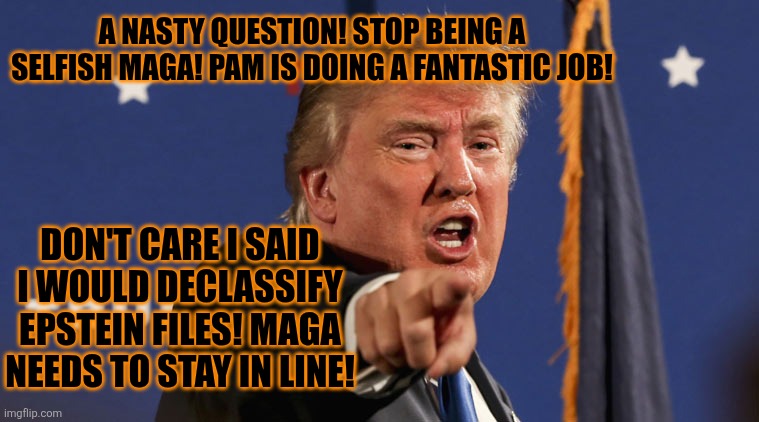 trump-angry-finger-fake-news | A NASTY QUESTION! STOP BEING A SELFISH MAGA! PAM IS DOING A FANTASTIC JOB! DON'T CARE I SAID I WOULD DECLASSIFY EPSTEIN FILES! MAGA NEEDS TO | image tagged in trump-angry-finger-fake-news | made w/ Imgflip meme maker