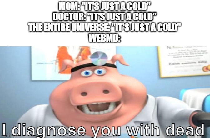 "Looks like you have butthole cancer" | MOM: "IT'S JUST A COLD"
DOCTOR: "IT'S JUST A COLD"
THE ENTIRE UNIVERSE: "IT'S JUST A COLD"
WEBMD: | image tagged in i diagnose you with dead,memes,funny,sickness | made w/ Imgflip meme maker