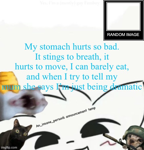 My lil announcement | My stomach hurts so bad. It stings to breath, it hurts to move, I can barely eat, and when I try to tell my mum she says I’m just being dramatic | image tagged in my lil announcement | made w/ Imgflip meme maker