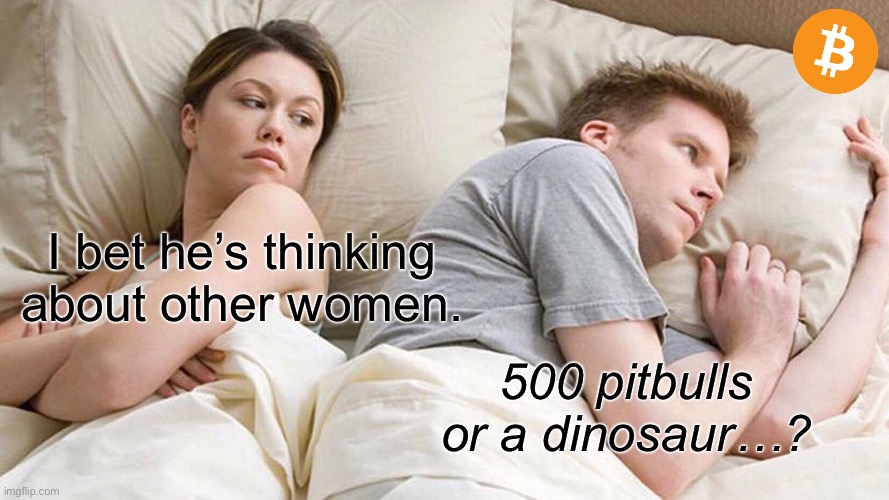 I Bet He’s Thinking About Other Women | I bet he’s thinking about other women. 500 pitbulls or a dinosaur…? | image tagged in memes,i bet he's thinking about other women | made w/ Imgflip meme maker