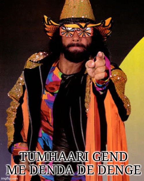 Macho Man Randy Savage | TUMHAARI GEND ME DENDA DE DENGE | image tagged in macho man randy savage | made w/ Imgflip meme maker