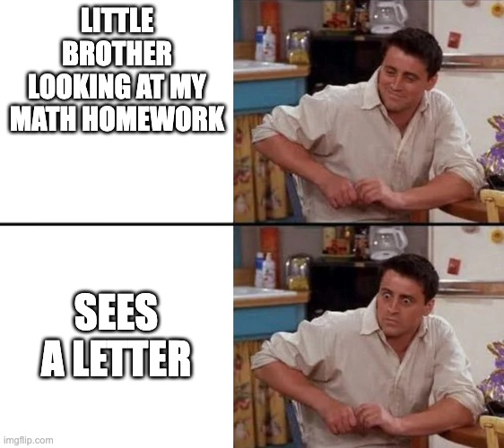 Sees a Letter | LITTLE BROTHER LOOKING AT MY MATH HOMEWORK; SEES A LETTER | image tagged in surprised joey | made w/ Imgflip meme maker