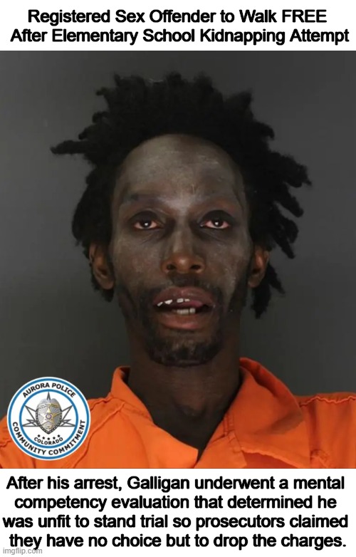 Galligan allegedly tried to take an 11-year-old boy during recess (which is on video tape)... | Registered Sex Offender to Walk FREE 
After Elementary School Kidnapping Attempt; After his arrest, Galligan underwent a mental 

competency evaluation that determined he 

was unfit to stand trial so prosecutors claimed 

they have no choice but to drop the charges. | image tagged in so free to do it again,stronger punishment,weakness,leftists,less punishment equals more crime,protect children | made w/ Imgflip meme maker