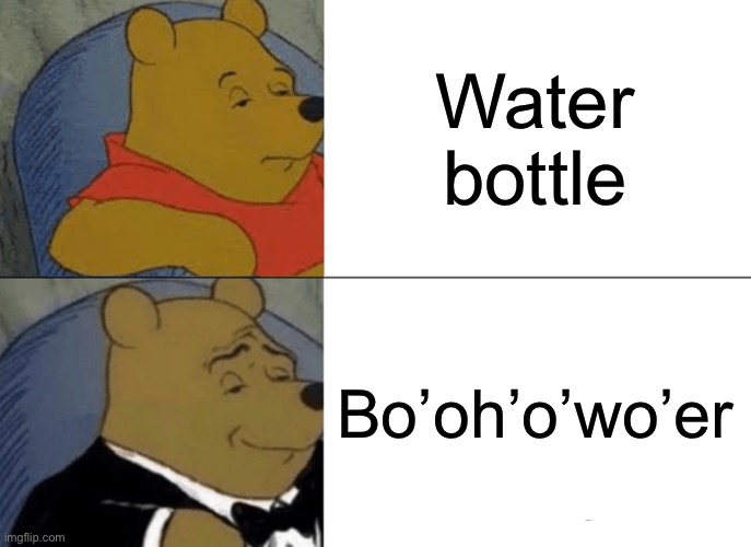 Tuxedo Winnie The Pooh | Water bottle; Bo’oh’o’wo’er | image tagged in memes,tuxedo winnie the pooh,water,british,american,fancy | made w/ Imgflip meme maker