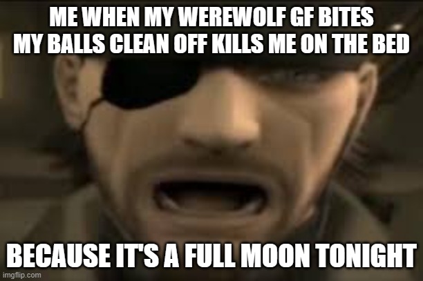werewolf gfs and it's consequences 2.0 | ME WHEN MY WEREWOLF GF BITES MY BALLS CLEAN OFF KILLS ME ON THE BED; BECAUSE IT'S A FULL MOON TONIGHT | image tagged in naked snake scream,werewolf | made w/ Imgflip meme maker