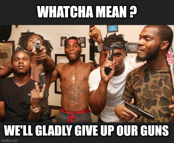 WHATCHA MEAN ? WE'LL GLADLY GIVE UP OUR GUNS | made w/ Imgflip meme maker