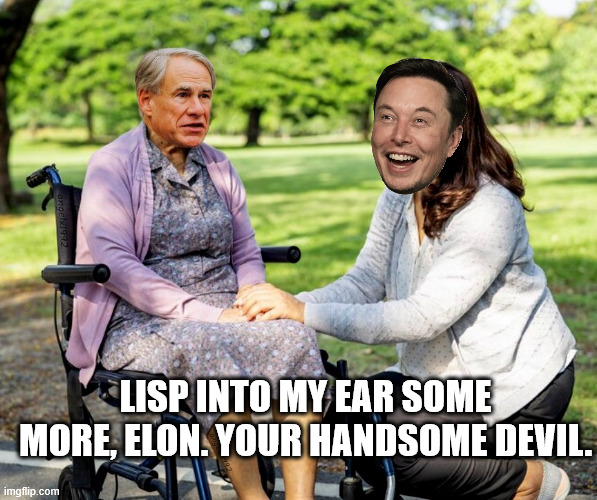 greg abbott | LISP INTO MY EAR SOME MORE, ELON. YOUR HANDSOME DEVIL. | image tagged in greg abbott | made w/ Imgflip meme maker