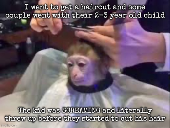 I feel bad for the Barber who had to cut the child’s hair | I went to get a haircut and some couple went with their 2-3 year old child; The kid was SCREAMING and literally threw up before they started to cut his hair | image tagged in haircut monkey,msmg | made w/ Imgflip meme maker