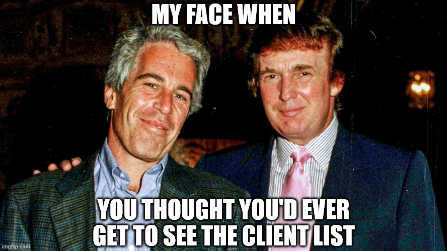 smirkepsteintrump | MY FACE WHEN; YOU THOUGHT YOU'D EVER GET TO SEE THE CLIENT LIST | image tagged in epsteintrumpmeme | made w/ Imgflip meme maker