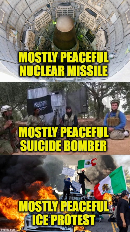 More Leftist Logic | MOSTLY PEACEFUL
NUCLEAR MISSILE; MOSTLY PEACEFUL
SUICIDE BOMBER; MOSTLY PEACEFUL
ICE PROTEST | image tagged in leftists | made w/ Imgflip meme maker