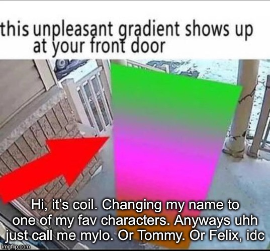 18 days. | Hi, it’s coil. Changing my name to one of my fav characters. Anyways uhh just call me mylo. Or Tommy. Or Felix, idc | image tagged in this unpleasant gradient shows up at your front door | made w/ Imgflip meme maker