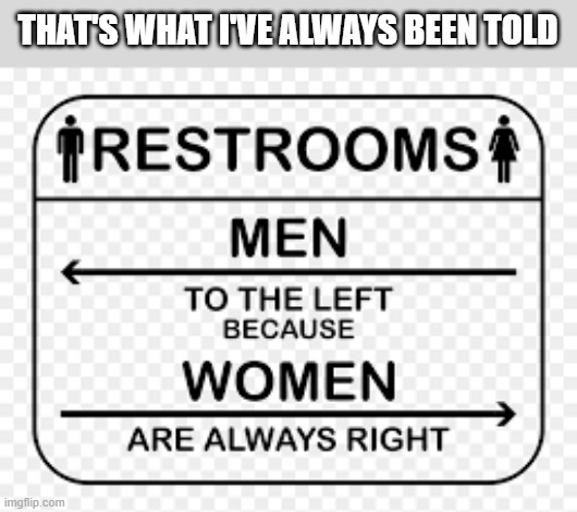 Mans bathroom is to the left because women always have to be right.  - sign - | THAT'S WHAT I'VE ALWAYS BEEN TOLD | image tagged in funny,sign,bathrooms,humor,play on words | made w/ Imgflip meme maker