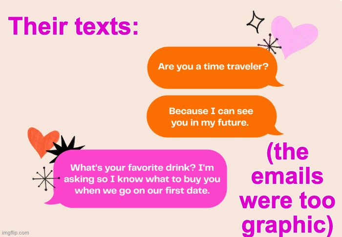 Their texts: (the emails were too graphic) | made w/ Imgflip meme maker