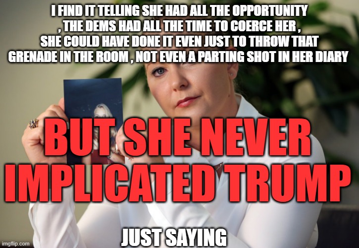 BUT SHE NEVER IMPLICATED TRUMP; I FIND IT TELLING SHE HAD ALL THE OPPORTUNITY , THE DEMS HAD ALL THE TIME TO COERCE HER , SHE COULD HAVE DONE IT EVEN JUST TO THROW THAT GRENADE IN THE ROOM , NOT EVEN A PARTING SHOT IN HER DIARY; JUST SAYING | made w/ Imgflip meme maker