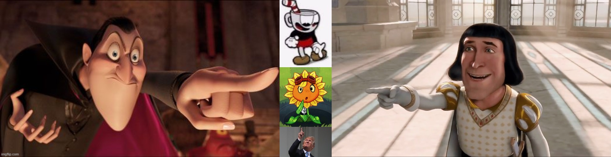 image tagged in hotel transylvania dracula pointing meme,cuphead pointing down,confusion solar flare,trump pointing up,farquaad pointing | made w/ Imgflip meme maker