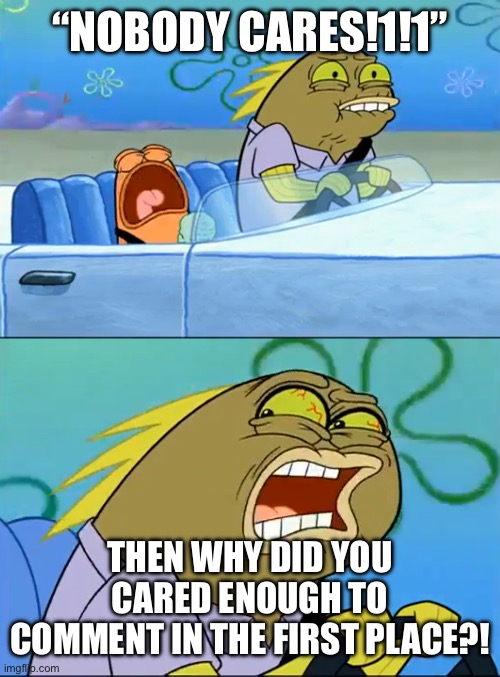 Nobody cares comments on DeviantArt be like: | “NOBODY CARES!1!1”; THEN WHY DID YOU CARED ENOUGH TO COMMENT IN THE FIRST PLACE?! | image tagged in but i don't like pistachio,deviantart | made w/ Imgflip meme maker