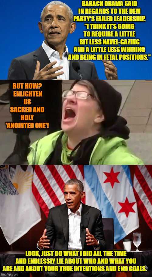 You leftists just need to be true to who and what you really are.  You know, underhanded and snaky. | BARACK OBAMA SAID IN REGARDS TO THE DEM PARTY'S FAILED LEADERSHIP. “I THINK IT’S GOING TO REQUIRE A LITTLE BIT LESS NAVEL-GAZING AND A LITTLE LESS WHINING AND BEING IN FETAL POSITIONS.”; BUT HOW?  ENLIGHTEN US SACRED AND HOLY 'ANOINTED ONE'! LOOK, JUST DO WHAT I DID ALL THE TIME AND ENDLESSLY LIE ABOUT WHO AND WHAT YOU ARE AND ABOUT YOUR TRUE INTENTIONS AND END GOALS. | image tagged in yep | made w/ Imgflip meme maker