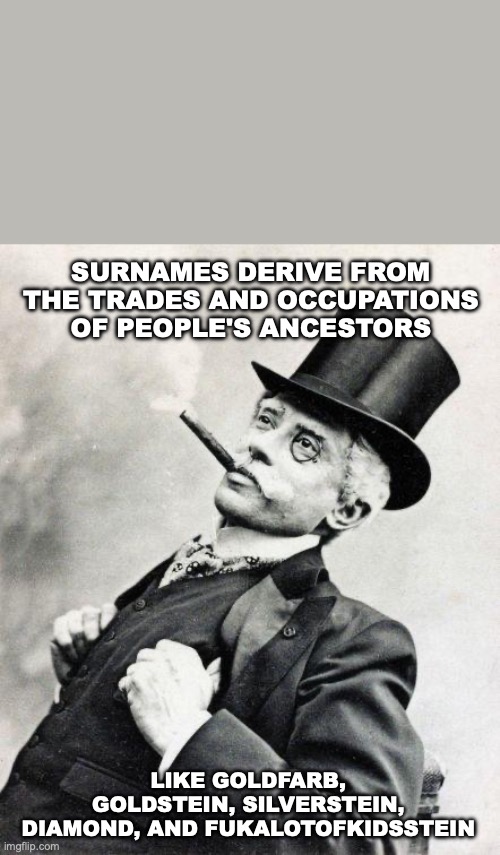 history | SURNAMES DERIVE FROM THE TRADES AND OCCUPATIONS OF PEOPLE'S ANCESTORS; LIKE GOLDFARB, GOLDSTEIN, SILVERSTEIN, DIAMOND, AND FUKALOTOFKIDSSTEIN | image tagged in smug gentleman | made w/ Imgflip meme maker