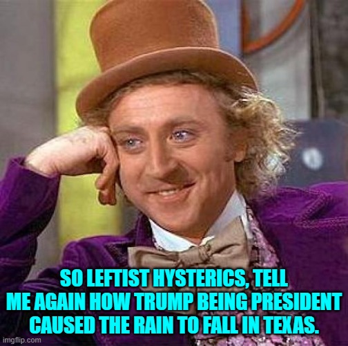 They haven't really been clear about that part of their accusations. | SO LEFTIST HYSTERICS, TELL ME AGAIN HOW TRUMP BEING PRESIDENT CAUSED THE RAIN TO FALL IN TEXAS. | image tagged in creepy condescending wonka | made w/ Imgflip meme maker