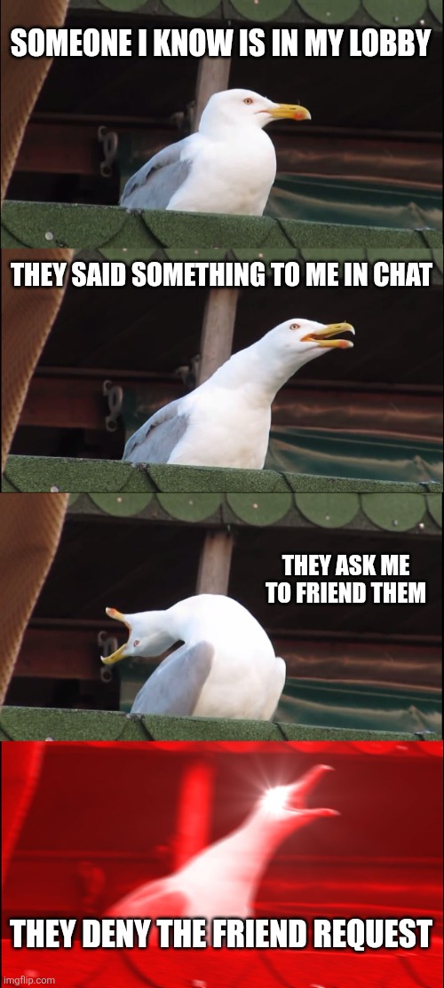 Inhaling Seagull | SOMEONE I KNOW IS IN MY LOBBY; THEY SAID SOMETHING TO ME IN CHAT; THEY ASK ME TO FRIEND THEM; THEY DENY THE FRIEND REQUEST | image tagged in memes,inhaling seagull | made w/ Imgflip meme maker