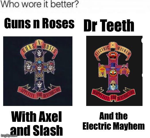 Who Rocked Harder? | Guns n Roses; Dr Teeth; And the Electric Mayhem; With Axel and Slash | image tagged in who wore it better,rock,hard,rock n roll,guns n roses,the muppets | made w/ Imgflip meme maker