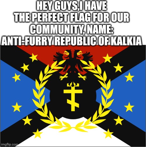 Hey,¡Flag for our community! | HEY GUYS,I HAVE THE PERFECT FLAG FOR OUR COMMUNITY, NAME: ANTI-FURRY REPUBLIC OF KALKIA | image tagged in blank white template | made w/ Imgflip meme maker