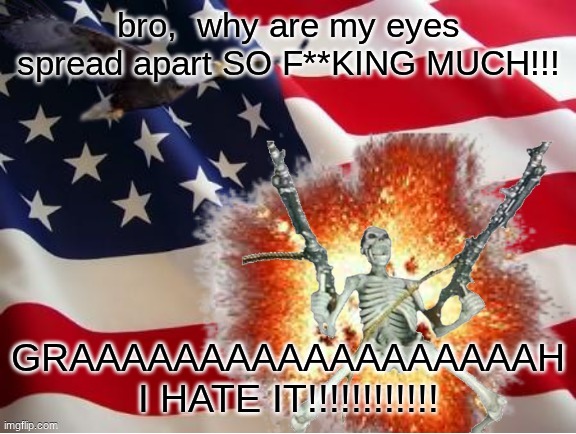 the chameleon can look at two different directions at once | bro,  why are my eyes spread apart SO F**KING MUCH!!! GRAAAAAAAAAAAAAAAAAAH I HATE IT!!!!!!!!!!!! | image tagged in america | made w/ Imgflip meme maker