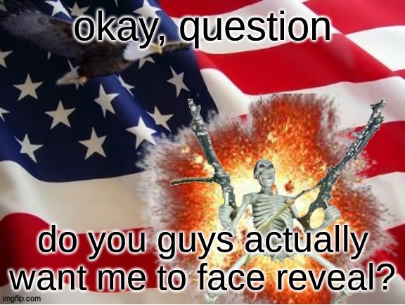 AMERICA!!!!!!!!!!!!!!!!!!!!!!!!!! | okay, question; do you guys actually want me to face reveal? | image tagged in america | made w/ Imgflip meme maker