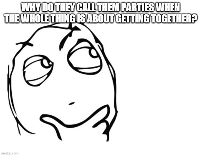 IT MAKES NO FREAKING SENSE | WHY DO THEY CALL THEM PARTIES WHEN THE WHOLE THING IS ABOUT GETTING TOGETHER? | image tagged in hmmm | made w/ Imgflip meme maker