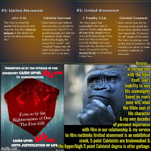 It's Blatant Trash | Hmmm... in comparison with the Bible itself, God's inability to lose His sovereignty based on man's puny will, what the Bible says of His character & my own decades of personal experience; with Him in our relationship & my service to Him methinks limited atonement is an unbiiblical crock, 5 point Calvinists are brainwashed & the hyper/high 5 point Calvinist dogma is utter garbage. | image tagged in calvinism,arminian,molinism,reformed theology 5 point calvinists,limited atonement is trash,theology | made w/ Imgflip meme maker
