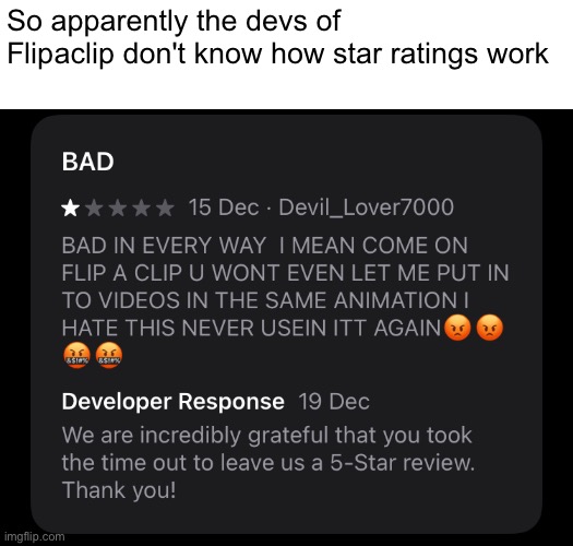 So apparently the devs of Flipaclip don't know how star ratings work | image tagged in i hate tagging | made w/ Imgflip meme maker