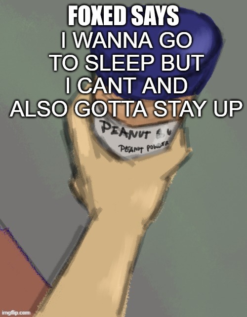 foxed temp (thanks disco) | I WANNA GO TO SLEEP BUT I CANT AND ALSO GOTTA STAY UP | image tagged in foxed temp thanks disco | made w/ Imgflip meme maker