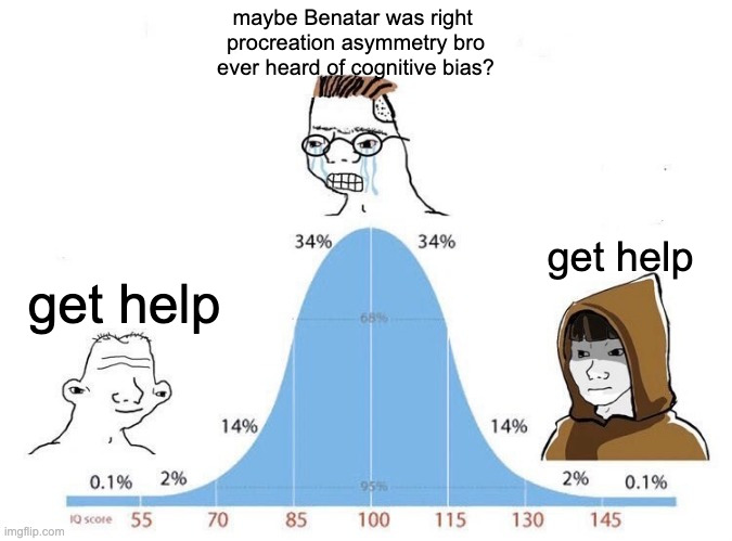 Antinatalism and mental health | maybe Benatar was right 
procreation asymmetry bro
ever heard of cognitive bias? get help; get help | image tagged in bell curve,procreation,antinatalism,philosophy,ethics,therapy | made w/ Imgflip meme maker