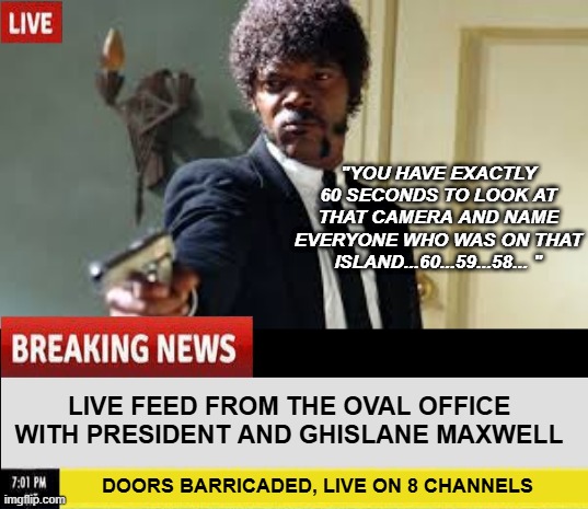 An alternate reality with justice and integrity, to be used as a comparison to what we've got... | "YOU HAVE EXACTLY 60 SECONDS TO LOOK AT THAT CAMERA AND NAME EVERYONE WHO WAS ON THAT ISLAND...60...59...58... "; LIVE FEED FROM THE OVAL OFFICE WITH PRESIDENT AND GHISLANE MAXWELL; DOORS BARRICADED, LIVE ON 8 CHANNELS | image tagged in sam jackson pointing gun | made w/ Imgflip meme maker