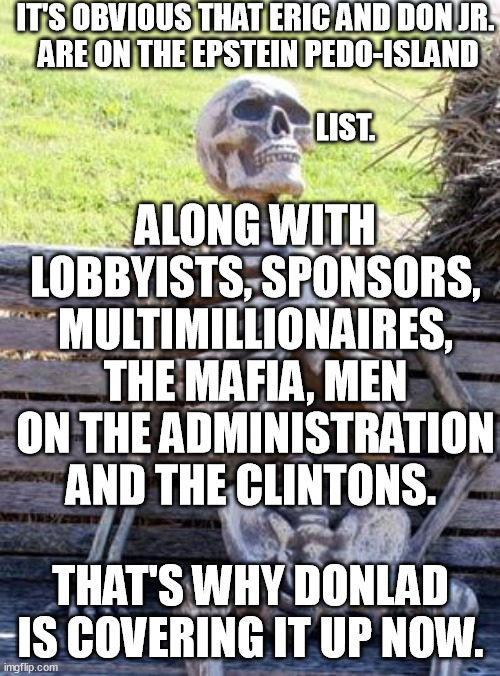 My boy done fu*ked up... Woe to the republic! | IT'S OBVIOUS THAT ERIC AND DON JR.
 ARE ON THE EPSTEIN PEDO-ISLAND

                                                                          LIST. ALONG WITH LOBBYISTS, SPONSORS, MULTIMILLIONAIRES, THE MAFIA, MEN ON THE ADMINISTRATION AND THE CLINTONS. THAT'S WHY DONLAD IS COVERING IT UP NOW. | image tagged in memes,waiting skeleton,donald trump,jeffrey epstein,mafia,island | made w/ Imgflip meme maker