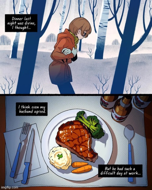 image tagged in woods,dinner,pork chops,husband | made w/ Imgflip meme maker