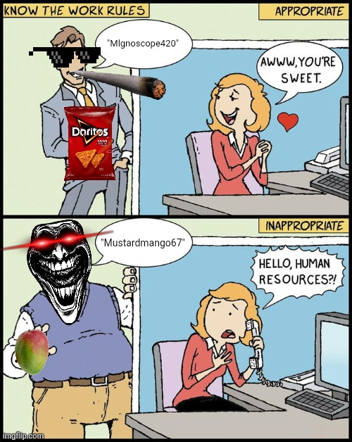 Boom | "Mlgnoscope420"; "Mustardmango67" | image tagged in hello human resources,mlg,mustard,mango,funny memes | made w/ Imgflip meme maker