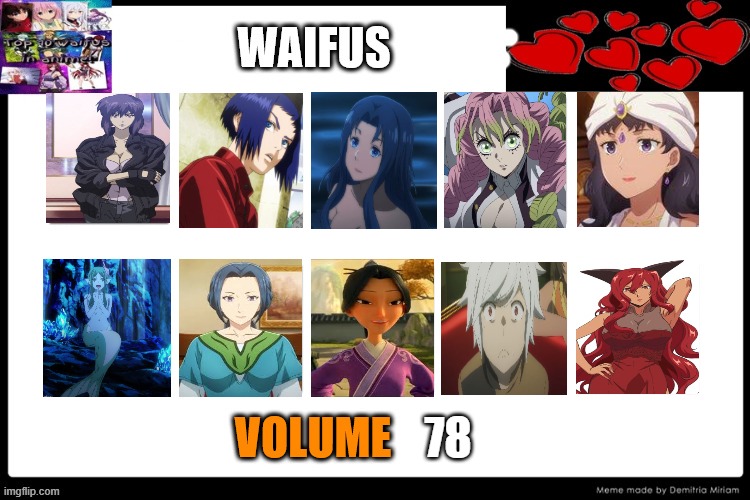 waifus volume 78 | 78 | image tagged in waifus volume meme,78,top 10 waifus,anime,ghost in the shell,ne zha | made w/ Imgflip meme maker