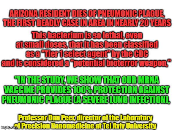 The set up. 100% that's great how soon can I get it ? | ​​ARIZONA RESIDENT DIES OF PNEUMONIC PLAGUE, THE FIRST DEADLY CASE IN AREA IN NEARLY 20 YEARS; This bacterium is so lethal, even at small doses, that it has been classified as a "Tier 1 select agent" by the CDC and is considered a "potential bioterror weapon,"; "IN THE STUDY, WE SHOW THAT OUR MRNA VACCINE PROVIDES 100% PROTECTION AGAINST PNEUMONIC PLAGUE (A SEVERE LUNG INFECTION), Professor Dan Peer, director of the Laboratory of Precision Nanomedicine at Tel Aviv University | made w/ Imgflip meme maker