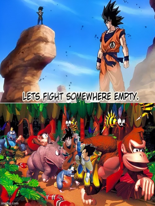 let's fight in the jungle | image tagged in dragon ball z,jungle,crossover,anime,donkey kong,let's fight | made w/ Imgflip meme maker