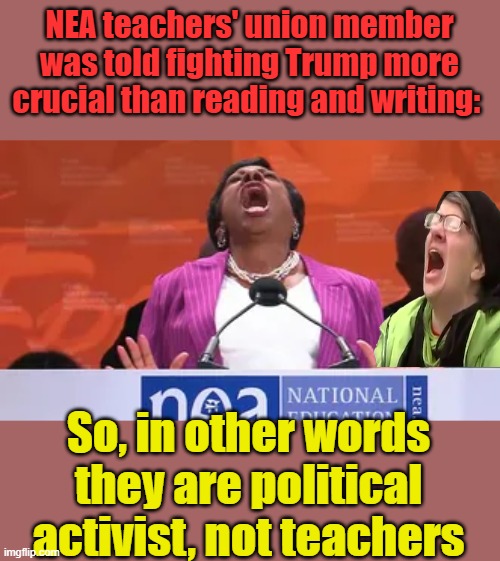 EXPOSED-leftist indoctrination camps not schools | NEA teachers' union member was told fighting Trump more crucial than reading and writing:; So, in other words they are political activist, not teachers | made w/ Imgflip meme maker